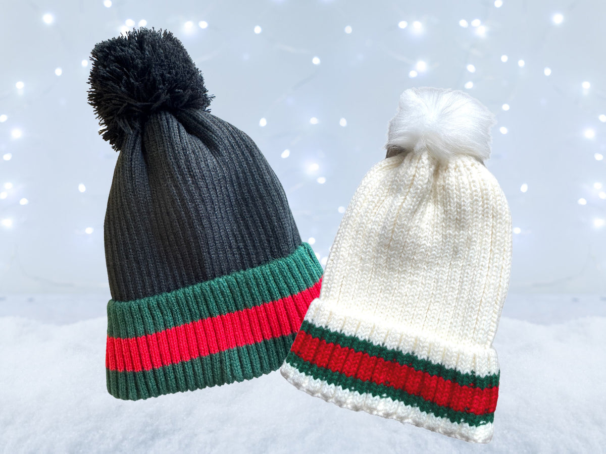 2 pieces unisex winter hat green and red stripe Adult Kids Knitted Christmas Hats Women Men Boy Girl Red  main image 3