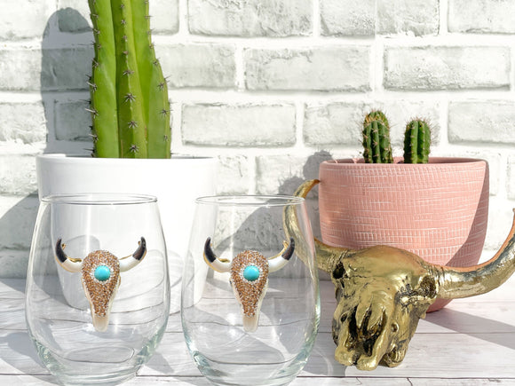 Turquoise and Rose Gold Rhinestones Longhorn Stemless Wine Glass