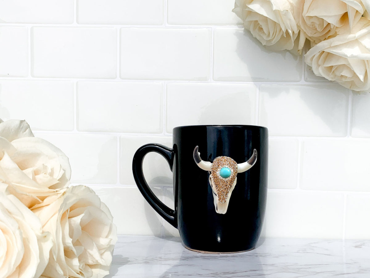 Turquoise and Rose Gold Rhinestones Longhorn Skull Mugs – CostaKini