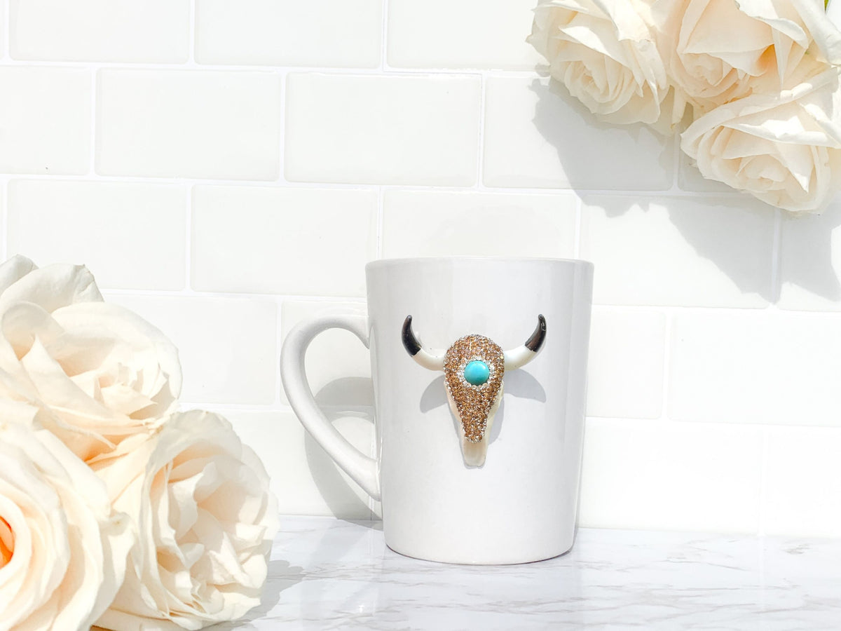 Turquoise and Rose Gold Rhinestones Longhorn Skull Mugs – CostaKini