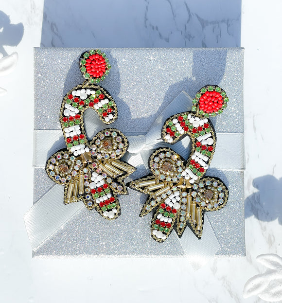 Beaded and Rhinestone Candy Cane Christmas Earrings