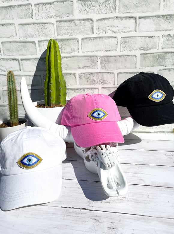 Metallic Gold and Blue Evil Eye High Ponytail Hat - White, Black or Pink Hats!