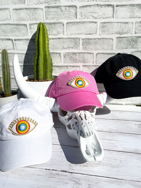 Colorful Rainbow Evil Eye High Ponytail Hat - White, Black or Pink Hats!