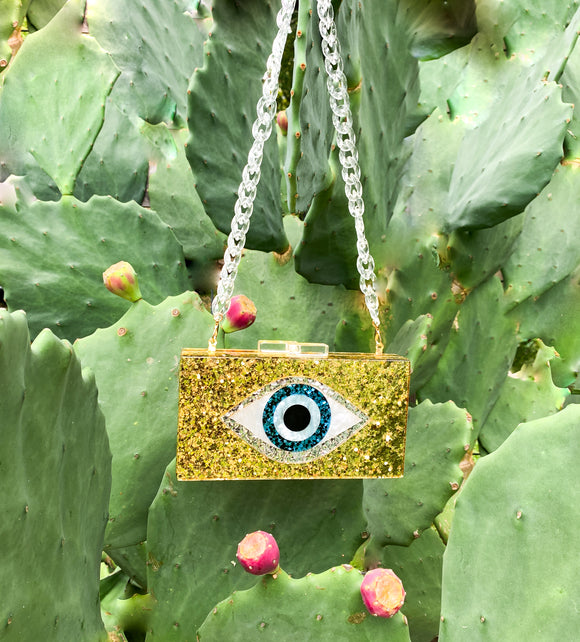Gold Glitter Evil Eye Clutch with Removable Clear Acrylic Strap