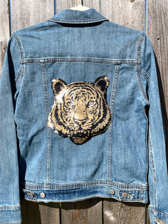 Custom Black and Gold Sequin Tiger Jean Jacket