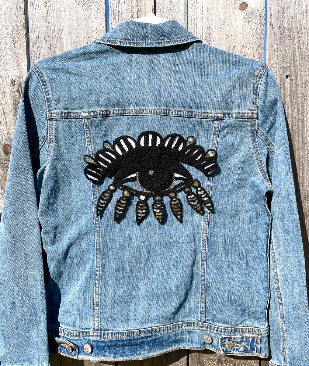 Evil Eye Embellished Denim Jacket, 42% OFF