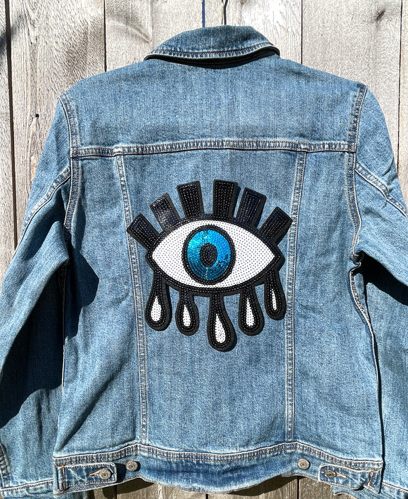 Black and Blue Sequin Evil Eye Jean Jacket
