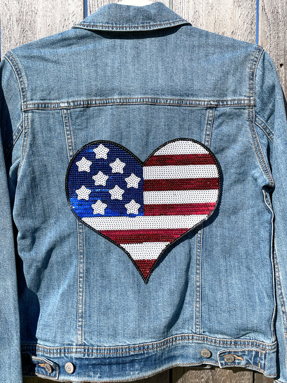 Custom Sequin American Flag Heart Jean Jacket