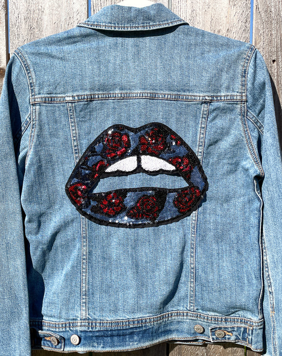 Custom Sequin Lips with Roses Jean Jacket