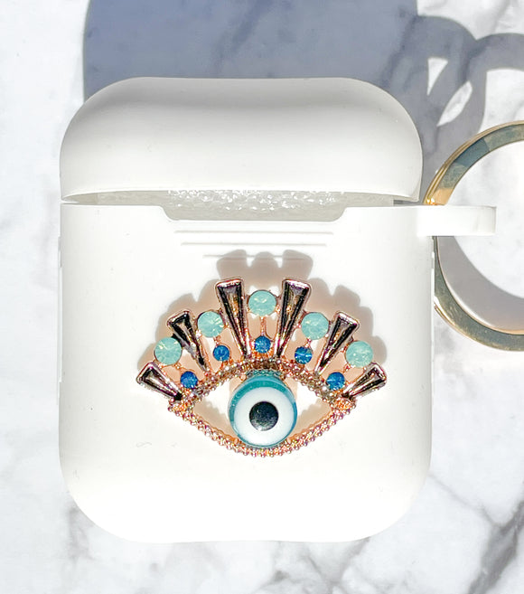 Gold and Turquoise Rhinestones Evil Eye AirPods Case and Face Mask 2
