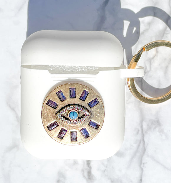 Gold and Turquoise with Purple Rhinestones Evil Eye AirPods Case and Face Mask