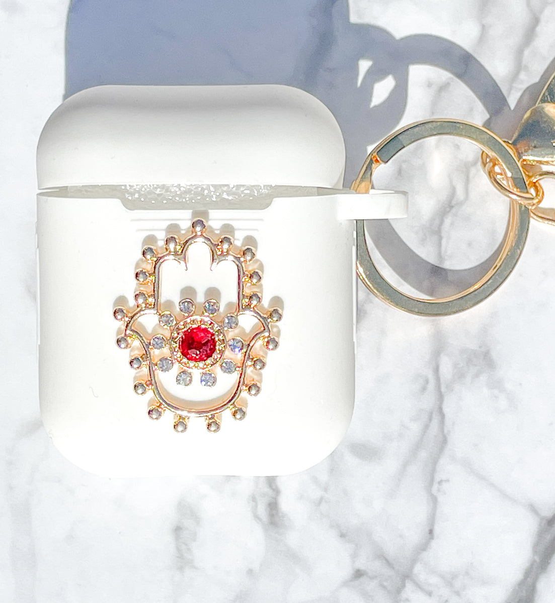 Gold and Rhinestones Red Hamsa AirPods Case and Face Mask – CostaKini