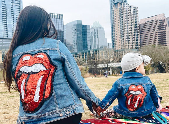 Mom and Mini Red Sequin Rock & Roll Stones Tongue Jean Jacket