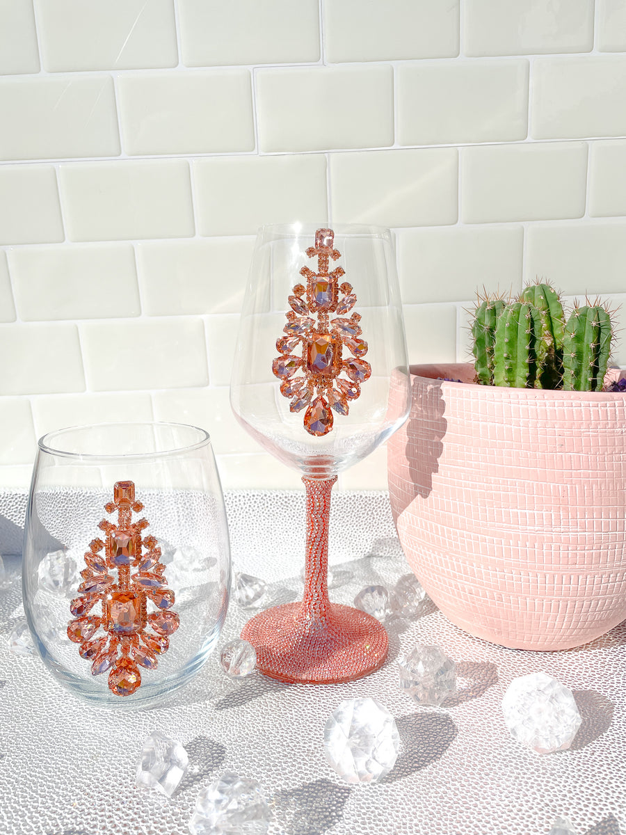 Glam Rose Gold Rhinestone Crystal Stemless Wine Glass – CostaKini