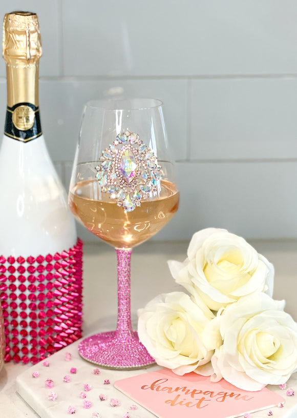 Felicia's Iridescent Glam Hot Pink Rhinestone Stem Wine Glasses
