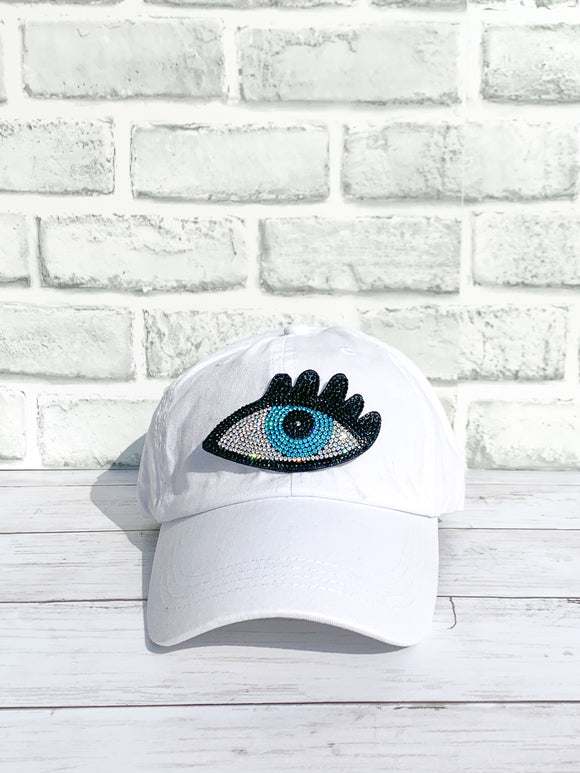 Rhinestone Turquoise Evil Eye High Ponytail Hat - White, Black or Pink Hats!