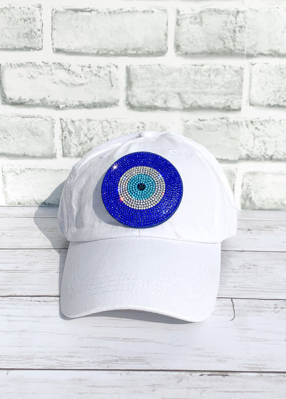 Blue Rhinestone Evil Eye High Ponytail Hat - White, Black or Pink Hats!