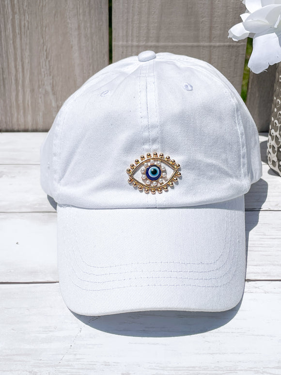 Gold & Pearls Blue Evil Eye with Rhinestones High Ponytail Hat - White, Black or Pink Hats!