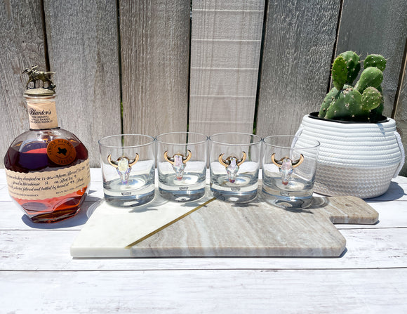 Glass & Gold Longhorn Skull Whiskey / Old Fashion Glasses
