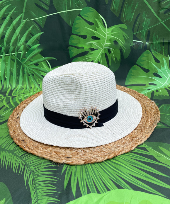 Black Rhinestones and Pearls Blue Heart Evil Eye Panama Hat
