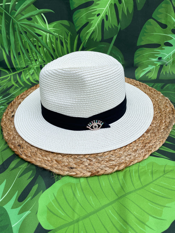 Large Pastel Rhinestone and Pearls Evil Eye Panama Hat