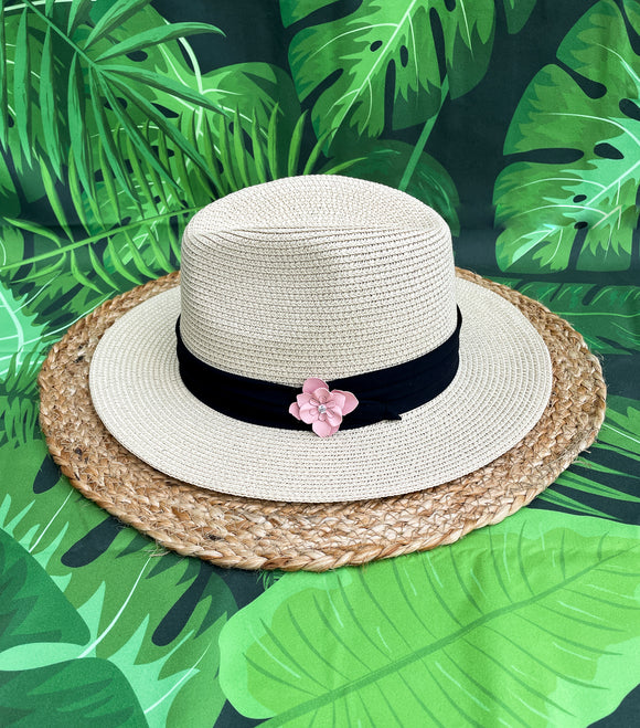 Pink Metal Flower with Rhinestone Panama Hat