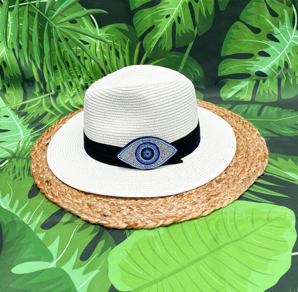 Rhinestone Blue & Light Blue Evil Eye Panama Hat