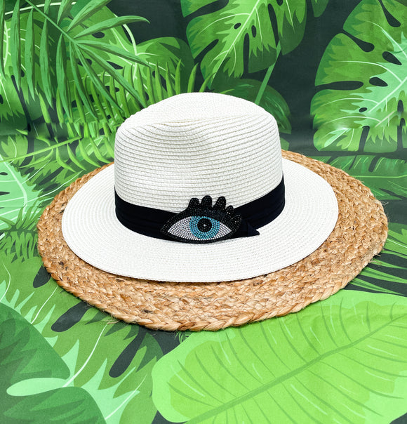 Rhinestone Turquoise Evil Eye Panama Hat