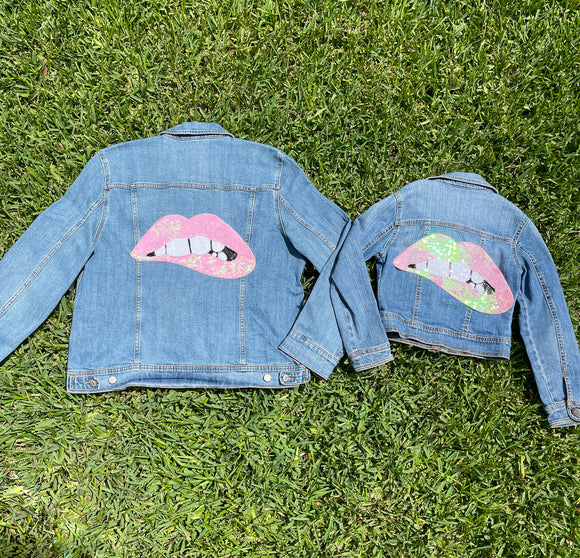 Mom and Mini Iridescent Pink Sequin Lips Jean Jacket
