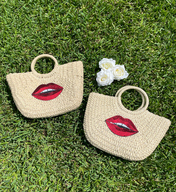 Red Sequin Lips Straw Beach Bag