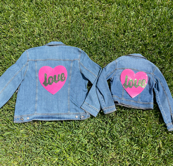 Mom and Mini Sequin Pink Heart with Green LOVE Jean Jacket