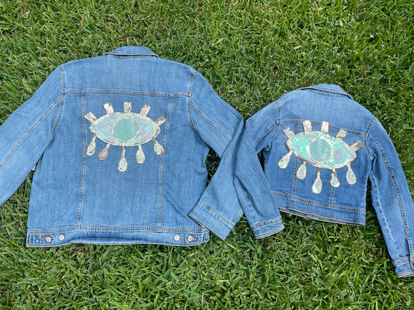 Mom and Mini Iridescent Pink, Gold and Green Sequin Evil Eye Jean Jacket