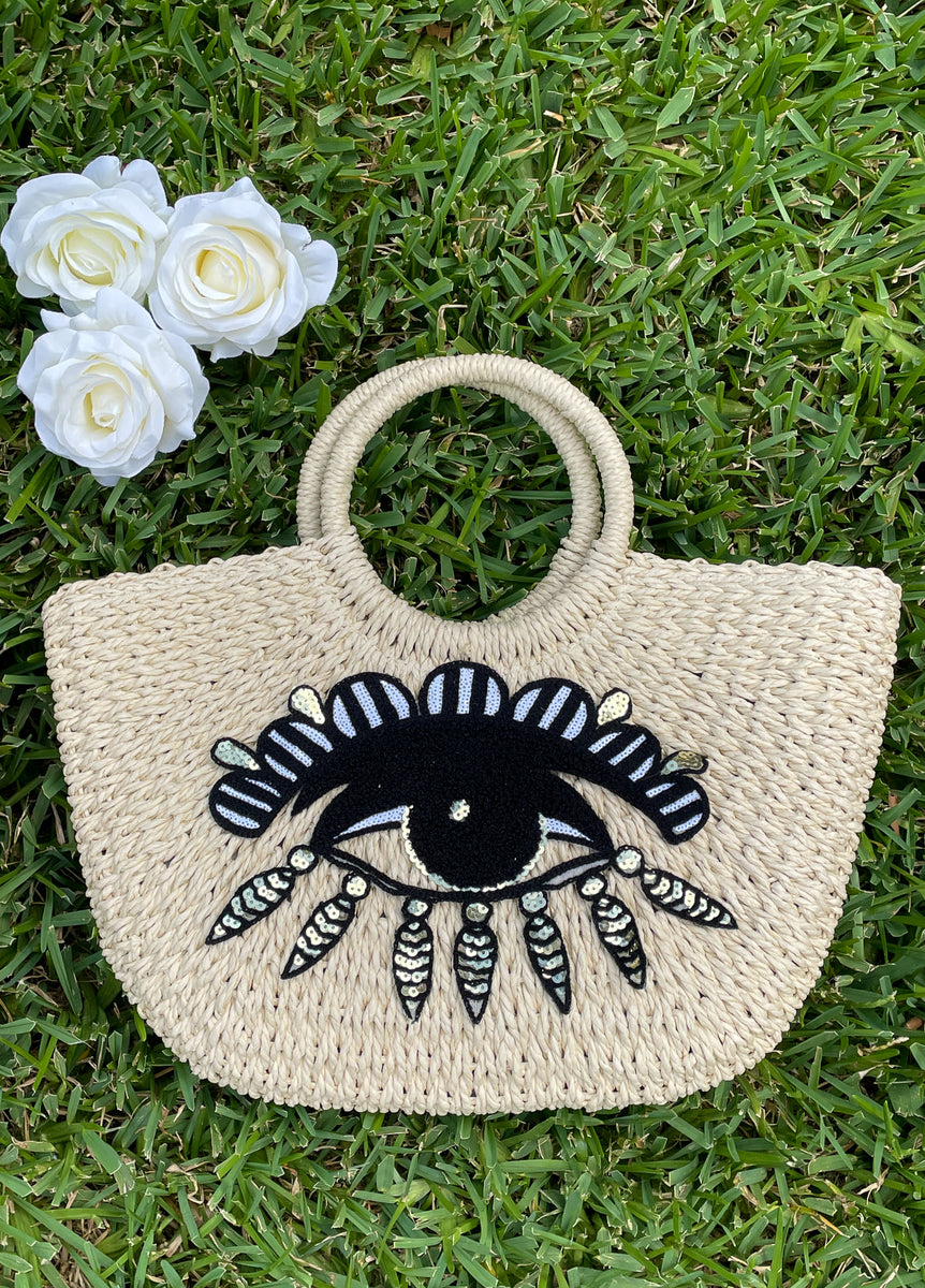 Straw Bag With Evil Eye Sequin Patch / Handmade Market Straw 