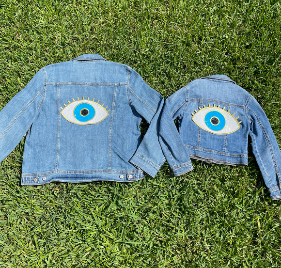 Mom and Mini Gold & Blue Sequin Evil Eye Jean Jacket
