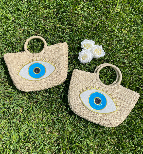 Gold & Blue Sequin Evil Eye Straw Beach Bag