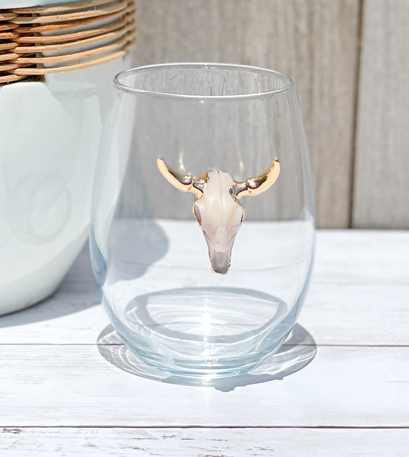 White & Gold Longhorn Skull Stemless Wine Glass