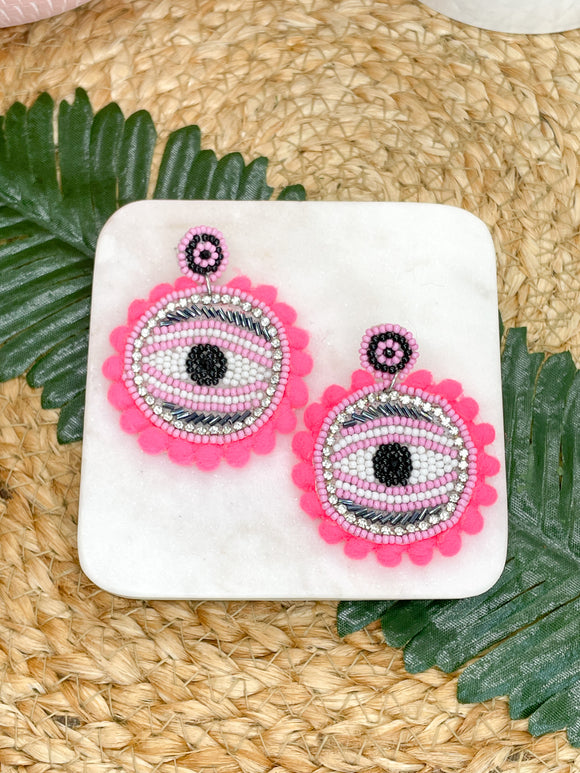 Rhinestones and Pink Beaded Neon Pink Poms Evil Eye Earrings