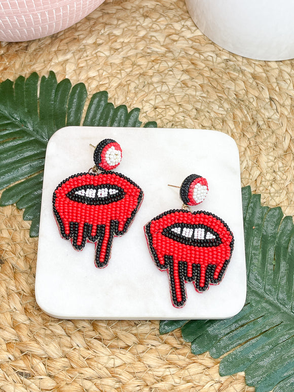 Black, White and Red Beaded Dripping Lips Earrings