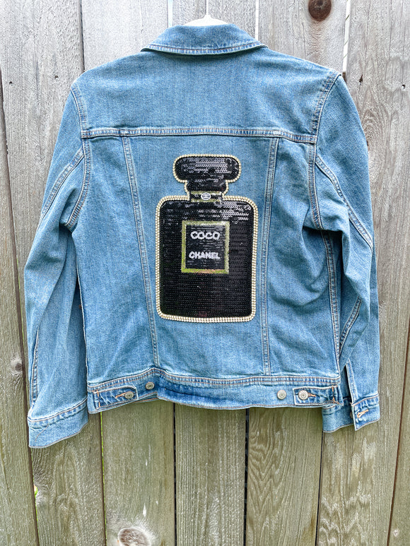 Black and Gold Sequin Perfume Bottle Jean Jacket