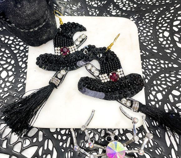 Black Beaded and Sequin Rhinestone Witch Hat with Fringe Halloween Earrings