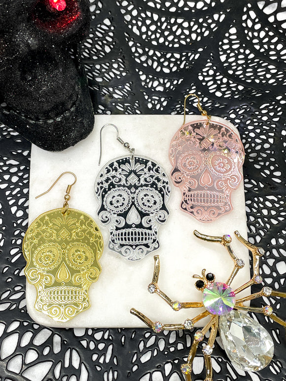 Metallic Gold, Silver and Rose Gold Candy Skull Halloween Earrings