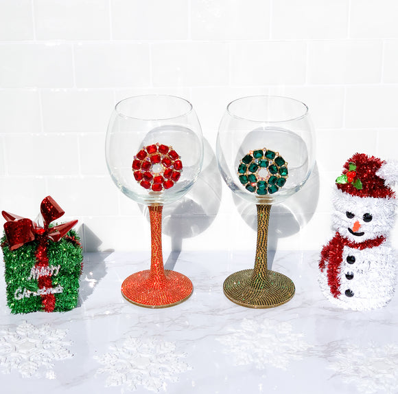 Red & Green Jeweled Rhinestone Christmas Bowl Wine Glasses