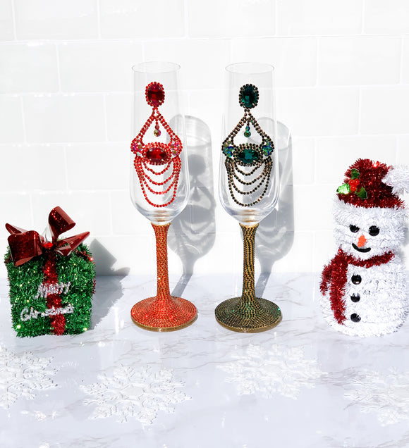 Red & Green Chandelier Jeweled Rhinestone Christmas Champagne Glasses