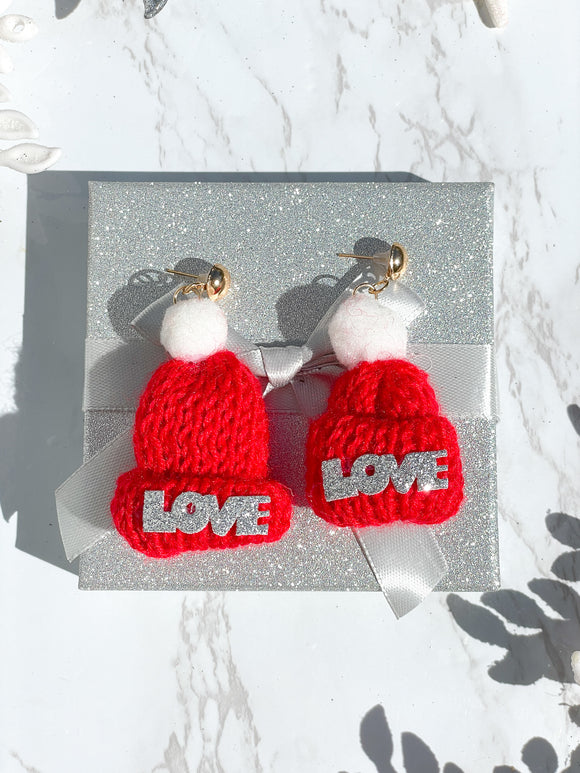 Glitter Love Red Knitted Beanie Christmas Earrings