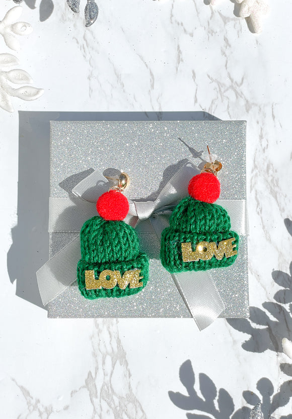Glitter Love Green Knitted Beanie Christmas Earrings