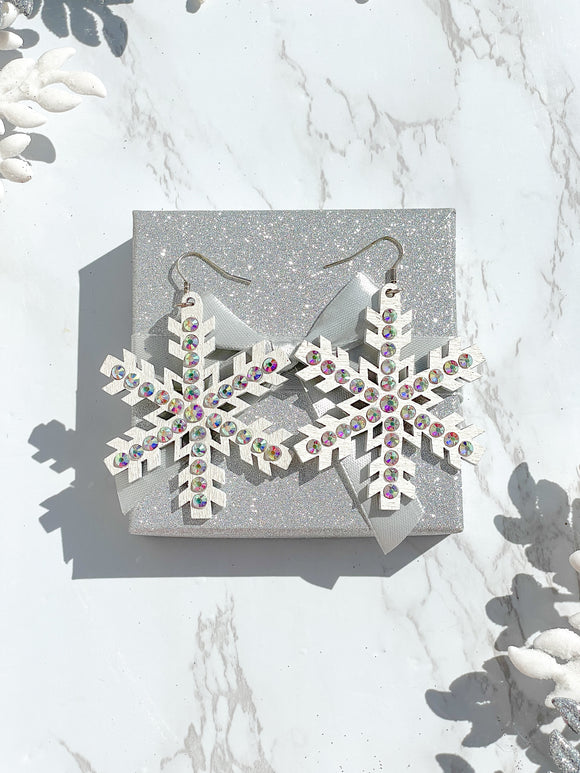 AB Rhinestones Wood Snowflake Christmas Earrings