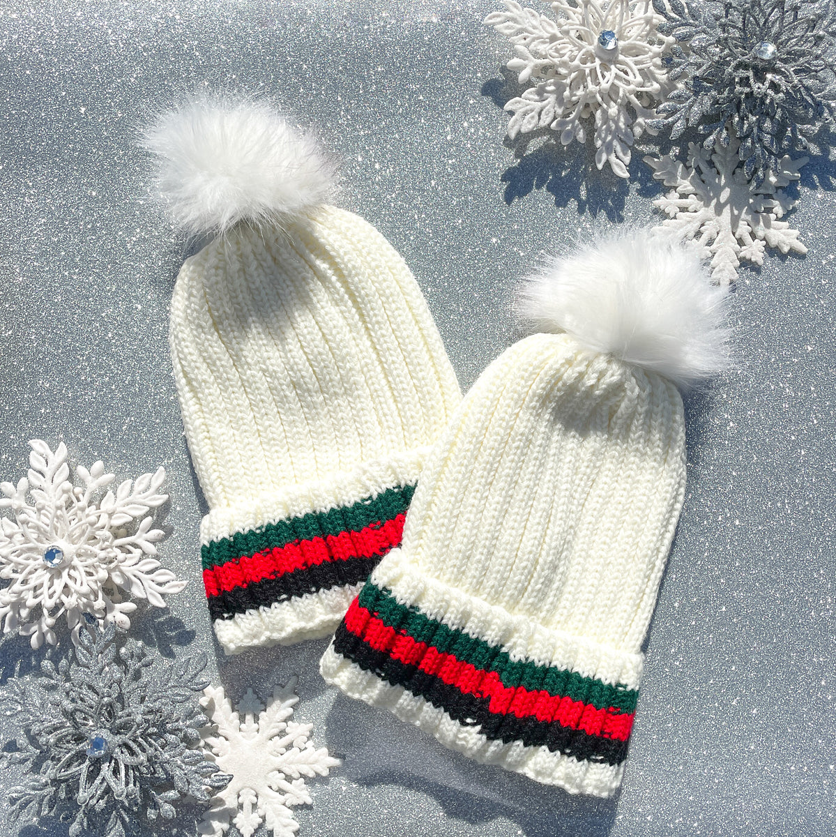 NWT 4pc multicolor Knitted Faux Fur Lined red & green stripe beanie with Pom Pom Red and Green Striped Beanie – CostaKini main image 2