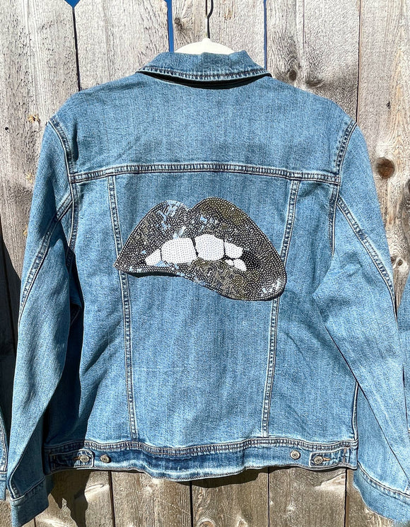 Custom Silver Sequin Lips Jean Jacket