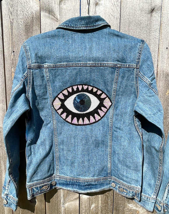 Custom Iridescent Pink and Blue Sequin Evil Eye Jean Jacket