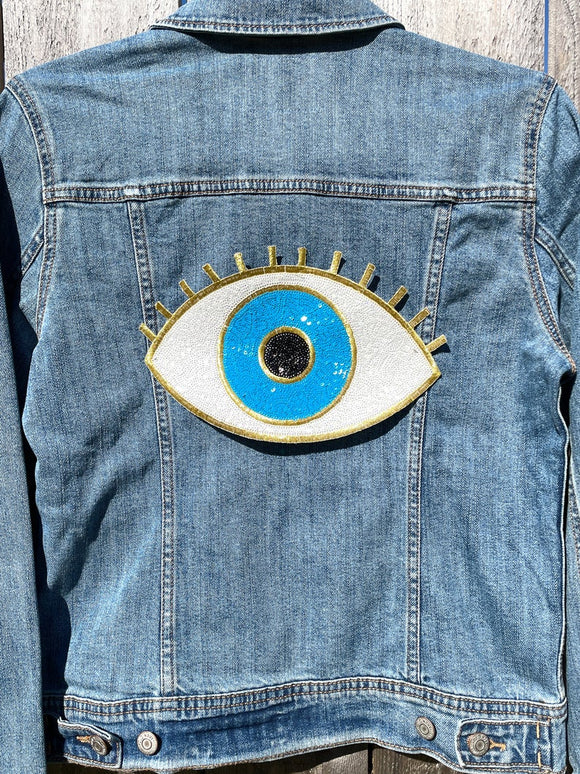 Gold and Blue Sequin Evil Eye Jean Jacket